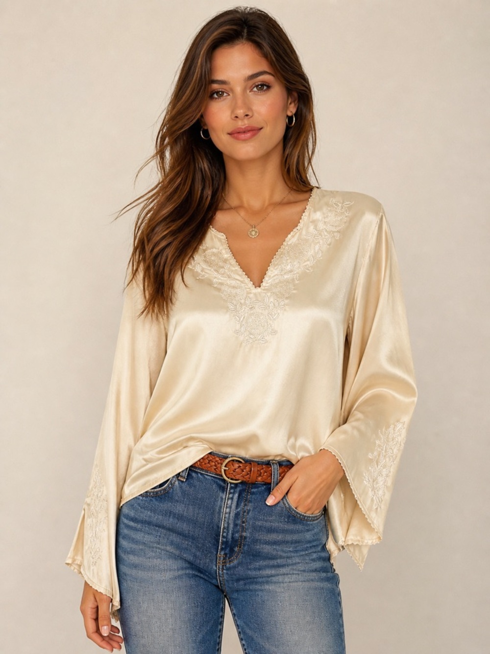 Ninety 100% Silk Ivory Embroidered Blouse Boho Tunic Bell Sleeve Size L